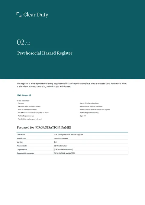 Cover of Document 2, Psychosocial Hazard Register