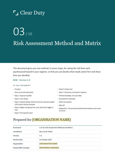 Cover of Document 3, Risk Assessment Method and Matrix